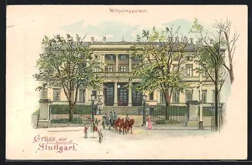 Lithographie Stuttgart, Kutsche vor dem Wilhelmspalast