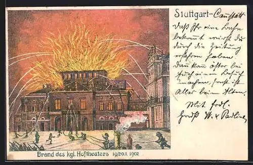 Künstler-AK Stuttgart, Brand des kgl. Hoftheaters 1902