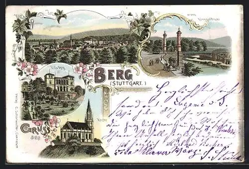 Lithographie Berg / Stuttgart, Villa Berg, König Karl-Brücke, Kirche und Totalansicht