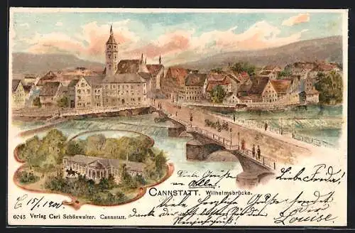 Lithographie Cannstatt, Ortsansicht mit Wilhelmsbrücke
