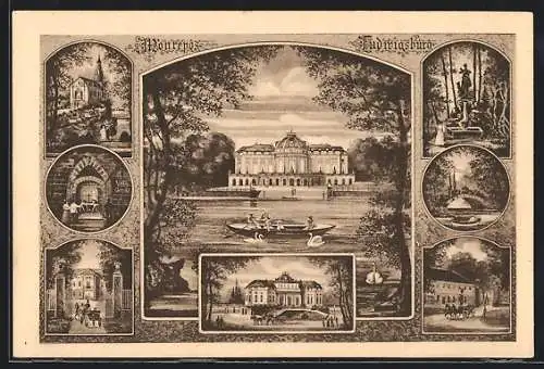 Künstler-AK Ludwigsburg / Württemberg, Schloss Monrepos mit Kapelle, Vehm-Gericht und Diana-Brunnen