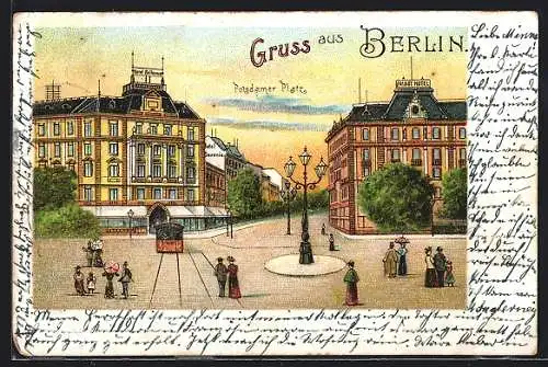 Lithographie Berlin-Tiergarten, Potsdamer Platz mit Palast-Hotel
