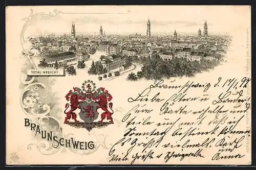 Lithographie Braunschweig, Totalansicht, Wappen