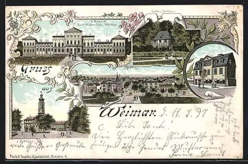 Lithographie Weimar / Thüringen, Bahnhof, Schloss, Schillerhaus