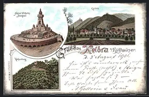 Lithographie Kelbra, Kaiser Wilhelm-Denkmal, Rothenburg, Gesamtansicht