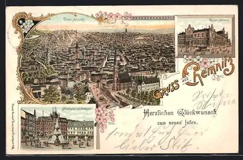 Lithographie Chemnitz, Totalansicht, Kaiserliches Postamt, Neumarkt mit Fontaine