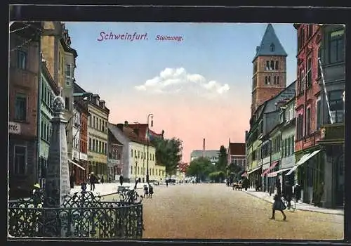 AK Schweinfurt, Steinweg, Strassenpartie mit Denkmal und Turm