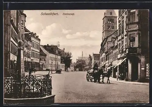 AK Schweinfurt, Steinweg, Strassenpartie mit Denkmal und Pferdewagen