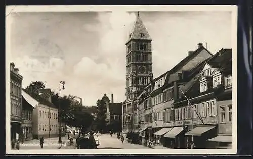 AK Schweinfurt, Am Steinweg, Strassenpartie mit Turm