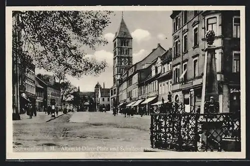 AK Schweinfurt a. M., Albrecht-Dürer-Platz und Schultestrasse