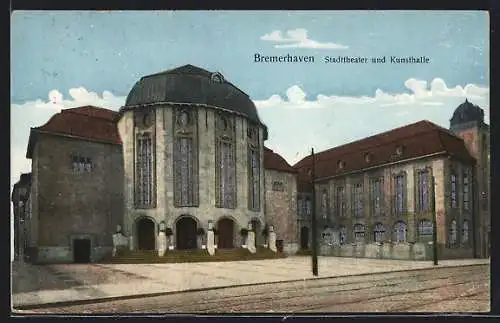 Goldfenster-AK Bremerhaven, Stadttheater und Kunsthalle mit leuchtenden Fenstern