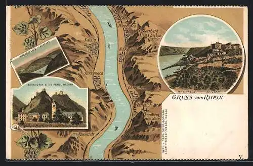 Lithographie Bornhofen, Ortsansicht mit Feindlbrüdern, Vierseeplatz b. Boppard, Burg Rheinfels, die Umgebung am Rhein