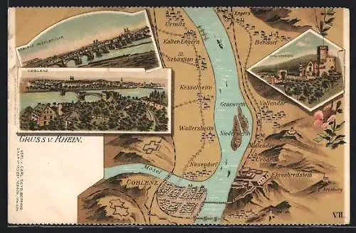 Lithographie Coblenz, Ortsansicht mit Eisenbahnbrücke, Moselbrücke, Schloss Lanneck, Umgebung aus der Vogelschau