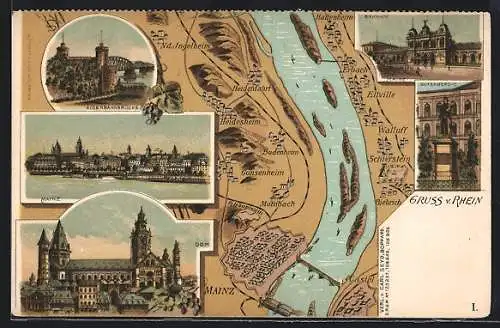 AK Mainz, Stadttotale, Dom, Eisenbahnbrücke, Bahnhof, Karte des Rheinabschnitts mit den angrenzenden Städten