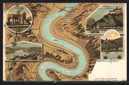 Lithographie Braubach, Ortsansicht & die Marxburg, Stolzenfels, Boppard