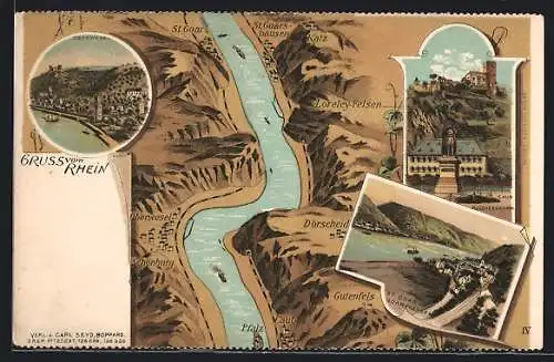 Lithographie St. Goar /Rhein, Rheinpartie mit Loreley-Felsen, Gesamtansicht, Blücherdenkmal in Caub