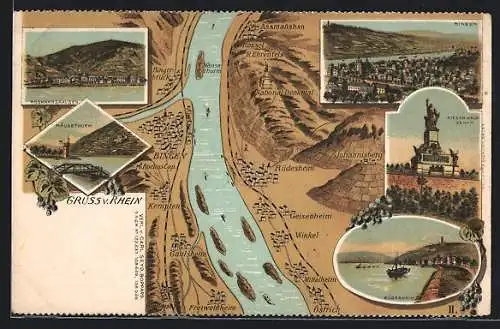 Lithographie Rüdesheim /Rhein, Gesamtansicht, Orte am Rhein, Mäuseturm, Niederwald-Denkmal