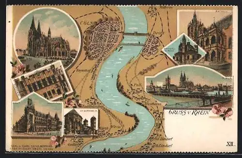 Lithographie Köln, Blick auf den Rhein mit Köln und Umgebung, Dom, Hauptpost, Rathaus, Apostelkirche