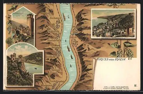 Lithographie Lorch /Rhein, Ortschaften am Rhein, Burg Rheinstein & Ehrenfels