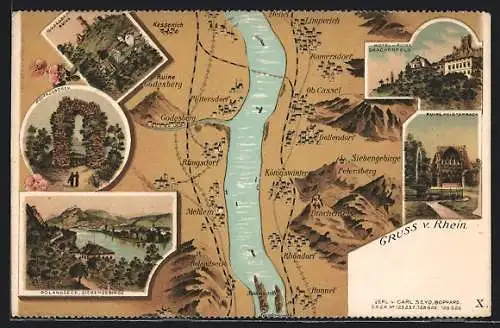 Lithographie Godesberg, Umgebung am Rhein von oben, Burgruine, Rolandsbogen, Hotel und Ruine Drachenfels