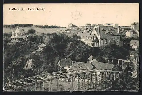 AK Halle a. S., Eisenbahnbrücke und Bergschenke