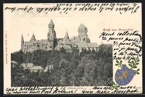 AK Braunfels, Blick auf die Burg, geprägtes Ortswappen