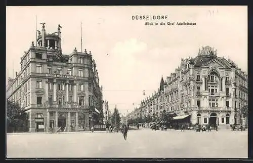 AK Düsseldorf, Die Hotels Hansa und Bristol an der Graf Adolfstrasse