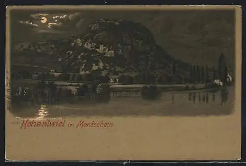 Mondschein-Lithographie Hohentwiel, Ortsansicht mit der Burgruine