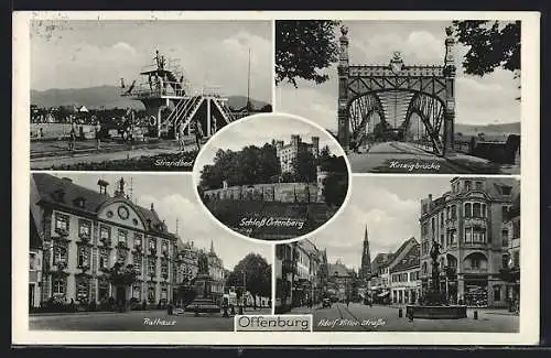 AK Offenburg, Schloss Ortenberg, Strandbad, Kinzigbrücke, Rathaus, Strasse