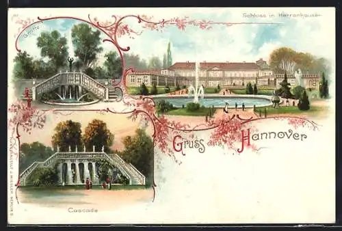 Lithographie Hannover, Cascade und Schloss in Herrenhausen