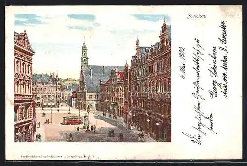 Künstler-AK Zwickau, Marktplatz mit Bewohnern