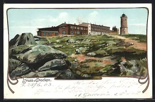 Lithographie Brocken, Aussichtsturm am Brockenhaus