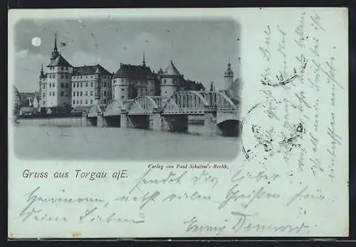 Mondschein-AK Torgau a. E., Brückenpartie mit Ortspanorama