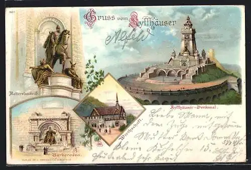 Lithographie Kyffhäuser, Kyffhäuser-Denkmal, Wirthschaft, Barbarossa und Reiterstandbild