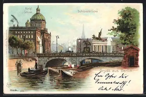 Lithographie Berlin, an der Schlossbrücke, Blick zum kgl. Schloss
