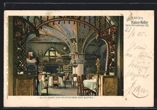 AK Berlin, Gasthaus Kaiserkeller in der Friedrichstrasse, Blick durch Remter zum Buffet