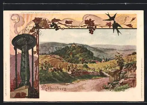 Künstler-AK Rothenberg / Stuttgart, Ortspartie mit Kirche im Passepartoutrahmen