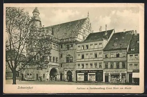 AK Schweinfurt, Rathaus und Buchhandlung Ernst Stoer am Markt