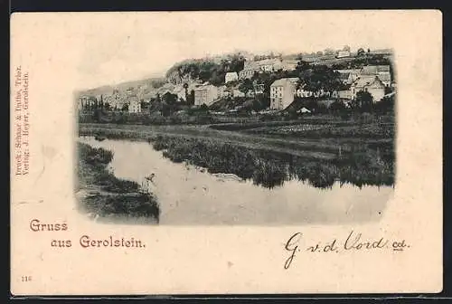 AK Gerolstein, Uferpartie mit Blick auf die Ortschaft