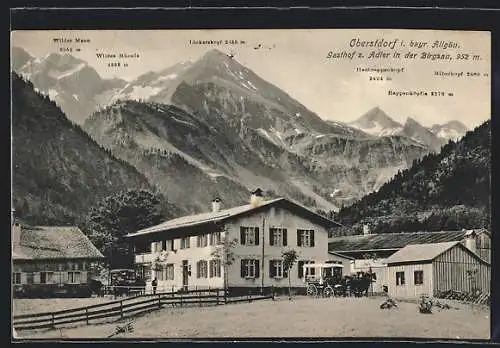 AK Oberstdorf i. bayr. Allgäu, Gasthof zum Adler in der Burgsau mit Rappenköpfle, Biberkopf und Linkerskopf