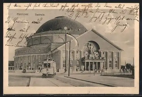 AK Hannover, Strassenbahn vor der Stadthalle