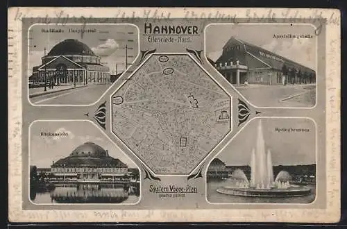 AK Hannover, Der System Voegge-Plan, Hauptportal der Stadthalle, Ausstellungshalle, Springbrunnen
