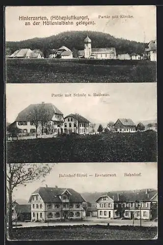 AK Hinterzarten /Höllentalbahn, Bahnhof-Hotel, Partien mit Kirche, Schule und Rathaus