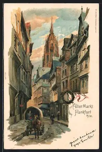 Lithographie Frankfurt, alter Markt, Kutsche