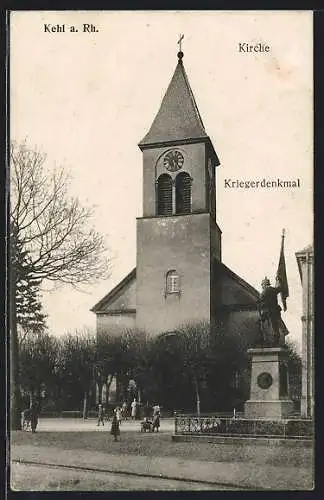 AK Kehl, Kirche, Kriegerdenkmal