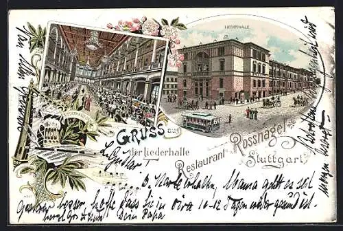 Lithographie Stuttgart, Liederhalle-Restaurant Rossnagel mit Strasse und Strassenbahn, Saal, Notenblatt mit Bierkrug