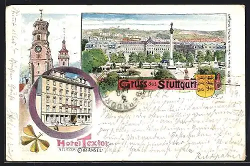 Lithographie Stuttgart, Hotel Textor Chr. Ansel, Türme, Ortsansicht mit Schlossplatz, Wappen