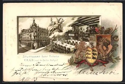 Passepartout-Lithographie Stuttgart, Hotel Victoria mit Innenansicht, Wappen mit Eichenlaub