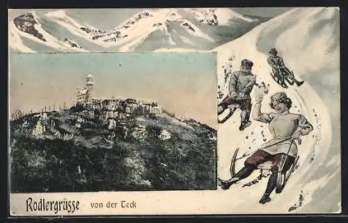 Grusskarten-AK Teck, Burg Teck, Rodler und Rodlerin bei der Abfahrt