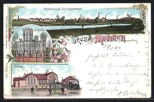 Lithographie Meiderich, Bahnhof, Schlösschen, Totalansicht von der Düsseldorferstrasse
